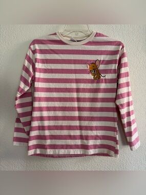 Zara Tom and Jerry Striped Pink White Long Sleeve Tee Top Graphic Girls 11-12